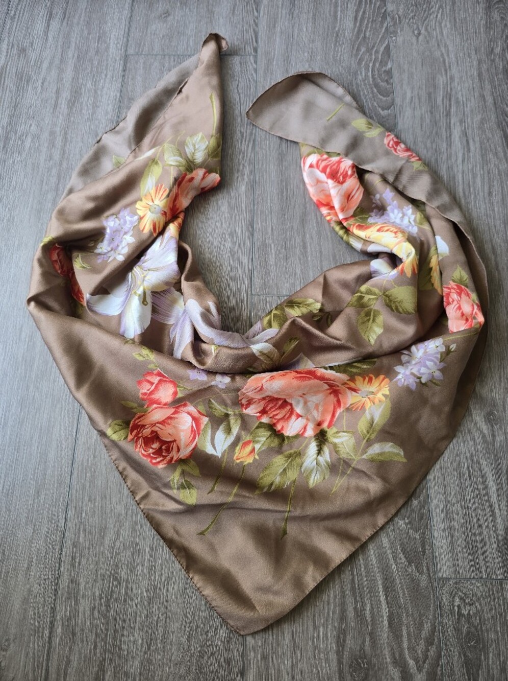 Berkshire Square Scarf Floral Satin Taupe Rose Lily Made in Italy Large Wrap